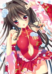Rule 34 | 1girl, animal ears, ayakichi, black hair, black thighhighs, breasts, cat ears, d:, detached sleeves, dress, large breasts, midriff, open mouth, original, paw pose, red eyes, solo, thigh gap, thighhighs