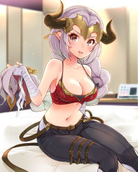Rule 34 | 1girl, absurdres, aliza (granblue fantasy), arm at side, bandages, bandaged arm, bandages, bedroom, black pants, blurry, blush, braid, breasts, cleavage, collarbone, depth of field, draph, earrings, granblue fantasy, hair pulled back, highres, horns, indoors, jewelry, large breasts, long hair, looking at viewer, midriff, on bed, open mouth, pants, pink lips, pointy ears, sarfata, silver hair, single braid, sitting, skindentation, solo, stomach, tank top, very long hair