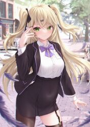 Rule 34 | 1girl, bae.c, black bow, black jacket, black nails, black skirt, blonde hair, blush, bow, breasts, brown pantyhose, building, closed mouth, collared shirt, commentary request, day, dress shirt, feathers, fischl (genshin impact), garter straps, genshin impact, green eyes, hair between eyes, hair bow, hair ornament, hairclip, hand up, highres, jacket, long hair, long sleeves, looking at viewer, medium breasts, nail polish, open clothes, open jacket, outdoors, pantyhose, pleated skirt, purple feathers, shirt, single leg pantyhose, skirt, solo, tree, two side up, very long hair, white shirt, window