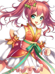 Rule 34 | 1girl, ahoge, cowboy shot, flower, green eyes, hair between eyes, hair flower, hair ornament, hinome, japanese clothes, kimono, long sleeves, looking at viewer, obi, open mouth, original, red hair, sash, short hair, simple background, smile, solo, twintails, white background, wide sleeves
