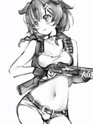Rule 34 | 1girl, :3, animal ears, bad id, bad twitter id, belt, blush, bone hair ornament, braid, breasts, choker, closed mouth, contrapposto, cowboy shot, dog ears, dog girl, doom (series), finger on trigger, greyscale, gun, hair ornament, hairclip, highres, holding, holding gun, holding weapon, hololive, inugami korone, medium breasts, monochrome, nanashi (nlo), navel, short shorts, shorts, shotgun, shotgun shell, simple background, smile, solo, virtual youtuber, weapon, white background
