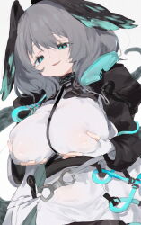 Rule 34 | 1girl, arknights, black collar, black jacket, black pantyhose, blue eyes, breast hold, breasts, collar, cowboy shot, fang, fingerless gloves, gloves, grey hair, half-closed eyes, head wings, highres, ho&#039;olheyak (arknights), impossible clothes, impossible shirt, infection monitor (arknights), jacket, large breasts, long sleeves, looking at viewer, medium hair, open clothes, open jacket, open mouth, pantyhose, shirt, simple background, skin fang, snake tail, solo, tail, unitedunti, white background, white gloves, white shirt, wings