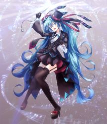 Rule 34 | 1girl, :d, absurdly long hair, ajigo, black footwear, black gloves, black hat, black necktie, black skirt, black thighhighs, blue eyes, blue hair, bow, floating hair, full body, garter straps, gloves, hair between eyes, hair ribbon, hat, hatsune miku, head tilt, high heels, highres, holding, leaning back, long hair, looking at viewer, miniskirt, necktie, open mouth, red bow, ribbon, shirt, skirt, smile, solo, standing, striped, thighhighs, twintails, vertical stripes, very long hair, vocaloid, white shirt