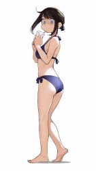 Rule 34 | 1girl, ahoge, ass, barefoot, bikini, blue bikini, blue eyes, breasts, brown hair, cup, douki-chan (douki-chan), drinking, drinking straw, from side, ganbare douki-chan, highres, medium breasts, shaded face, sidelocks, simple background, solo, swimsuit, white background, yomu (sgt epper)