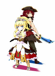 Rule 34 | 1boy, 1girl, armor, artist request, atlus, back-to-back, etrian odyssey, full body, hat, holding, holding sword, holding weapon, pirate (sekaiju), ponytail, princess (sekaiju), princess 2 (sekaiju), red hair, sekaiju no meikyuu, sekaiju no meikyuu 3, simple background, standing, sword, tenjin, tiara, weapon, white background