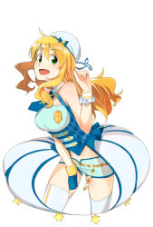 Rule 34 | 1girl, :d, asymmetrical gloves, blonde hair, blue gloves, blue necktie, blue shorts, breasts, clip studio paint (medium), cropped legs, detached collar, fingerless gloves, floating hair, gloves, green eyes, gulim, hair between eyes, hat, hoshii miki, idolmaster, idolmaster (classic), idolmaster platinum stars, leaning forward, long hair, medium breasts, midriff, necktie, open mouth, short shorts, shorts, simple background, single glove, smile, solo, standing, stomach, thighhighs, twinkle star (idolmaster), uneven gloves, very long hair, white background, white thighhighs
