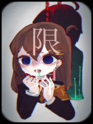 Rule 34 | 2girls, ahoge, armband, black jacket, blue eyes, brown armband, brown hair, brown necktie, chromatic aberration, colored eyelashes, commentary request, dual persona, empty eyes, glitch, hair between eyes, hair ornament, hairclip, hanged, highres, hod (project moon), jacket, lobotomy corporation, long hair, long sleeves, michelle (project moon), multiple girls, necktie, noose, open mouth, project moon, riie, shirt, spoilers, suicide, sweat, tearing up, translation request, white shirt