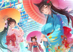 Rule 34 | 3girls, absurdres, alternate costume, animal ears, animal print, atago (azur lane), azur lane, back bow, black hair, blue kimono, blue sash, blue sky, bow, breasts, brown eyes, brown hair, closed eyes, cloud, cloudy sky, day, dutch angle, female focus, floral print, flower, from below, hair bow, hair flower, hair ornament, highres, himamo, holding, holding umbrella, japanese clothes, kimono, large breasts, long hair, long sleeves, looking back, looking to the side, medium breasts, multiple girls, oil-paper umbrella, open mouth, outdoors, outstretched arm, pink kimono, print kimono, purple umbrella, red flower, red sash, red umbrella, sagging breasts, sash, short hair, sky, takao (azur lane), tree, umbrella, very long hair, white bow, wide sleeves, yamashiro (azur lane), yellow umbrella, yukata