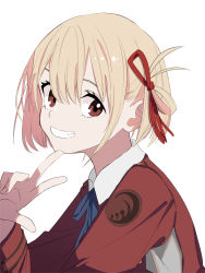 Rule 34 | 1girl, blonde hair, blue ribbon, dress, eyebrows hidden by hair, grin, hair between eyes, hair ribbon, hand up, highres, long sleeves, looking at viewer, lycoris recoil, neck ribbon, nishikigi chisato, red dress, red eyes, red ribbon, ribbon, simple background, smile, solo, tetuw, w, white background