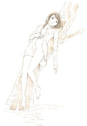 Rule 34 | 1girl, barefoot, lying, monochrome, naked shirt, on back, original, shirt, sketch, solo, traditional media, yoshitomi akihito