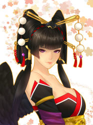 Rule 34 | 1girl, bad id, bad pixiv id, bare shoulders, black hair, black wings, breasts, cleavage, dead or alive, dead or alive 5, detached sleeves, eyeliner, hat, highres, image sample, japanese clothes, kimono, large breasts, lips, looking at viewer, makeup, making-of available, mole, mole under mouth, nyotengu, pixiv sample, purple eyes, solo, tecmo, tengu, tokin hat, wings, x&amp;x&amp;x