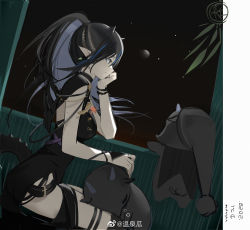 Rule 34 | 1girl, arknights, bare shoulders, black dress, black eyes, black hair, blacknight (arknights), blue hair, bracelet, closed mouth, creature, dress, dutch angle, earrings, from side, hand on own chin, highres, horns, indoors, jewelry, mole, mole on arm, mole on neck, mole under eye, multicolored hair, night, night sky, pointy ears, ponytail, profile, signature, sitting, sky, sleeveless, sleeveless dress, smile, solo, streaked hair, two-tone hair, wenquangua, window