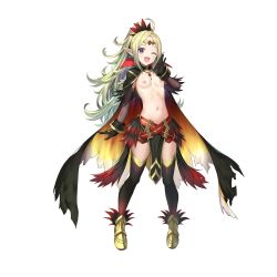 Rule 34 | 1girl, absurdres, ahoge, alternate costume, belt, black cape, black gloves, breasts, cape, circlet, feather trim, feathers, female focus, fire emblem, fire emblem awakening, fire emblem heroes, full body, gloves, gold footwear, gold trim, gradient clothes, green hair, hand up, highres, jewelry, kousei horiguchi, long hair, multiple belts, nintendo, nipples, nowi (fire emblem), nude filter, official alternate costume, one eye closed, open mouth, pelvic curtain, pointy ears, ponytail, purple eyes, small breasts, smile, stomach, thighhighs, third-party edit, topless, torn cape, torn clothes, transparent background, wink