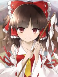 Rule 34 | 1girl, ascot, bow, brown hair, closed mouth, commentary request, detached sleeves, frilled bow, frilled hair tubes, frills, gohei, hair bow, hair tubes, hakurei reimu, highres, holding, looking at viewer, medium hair, nontraditional miko, red bow, red eyes, red ribbon, red shirt, ribbon, ribbon-trimmed bow, ribbon-trimmed sleeves, ribbon trim, shirt, smile, solo, touhou, tyouseki, upper body, white ribbon, wide sleeves, yellow ascot