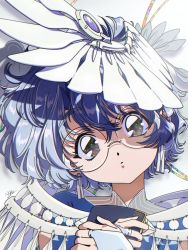Rule 34 | 1girl, blue hair, bridal gauntlets, coin (ornament), earrings, glasses, grey eyes, hands up, head tilt, highres, holding, jewelry, looking at viewer, original, own hands together, portrait, round eyewear, short hair, simple background, solo, tassel, white background, wing hair ornament, yo-co