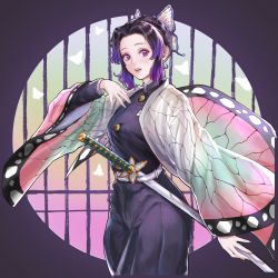 Rule 34 | 1girl, absurdres, ai shou, black hair, bug, butterfly, butterfly hair ornament, flower, gradient hair, hair ornament, haori, highres, insect, japanese clothes, kimetsu no yaiba, kochou shinobu, looking at viewer, md5 mismatch, multicolored hair, resolution mismatch, solo, source larger, sword, uniform, weapon, white butterfly