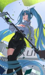Rule 34 | 1girl, :d, absurdres, black gloves, black thighhighs, blue eyes, blue hair, breasts, confetti, covered navel, flag, gloves, hatsune miku, highres, holding, holding flag, jacket, long hair, looking at viewer, open mouth, racing miku, racing miku (2022), saba-kann (kannsaba), smile, solo, thighhighs, twintails, very long hair, vocaloid