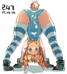Rule 34 | 1girl, animal ears, ankle boots, bad id, bad pixiv id, bent over, black gloves, blue eyes, boots, brown hair, cameltoe, colored eyelashes, elin, fang, from behind, full body, gloves, honey bee (bancoth), leotard, looking back, short hair, solo, striped clothes, striped legwear, striped thighhighs, tail, tera online, thighhighs, upside-down