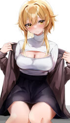 Rule 34 | 1girl, absurdres, black skirt, blonde hair, blush, breasts, cleavage, cleavage cutout, closed mouth, clothing cutout, commentary request, facing viewer, genshin impact, high-waist skirt, highres, lumine (genshin impact), medium breasts, meme attire, nanashinayuzu mochi, open-chest sweater, short hair, short hair with long locks, sitting, skirt, solo, sweatdrop, sweater, turtleneck, turtleneck sweater, yellow eyes