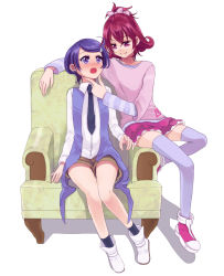 Rule 34 | 2girls, aida mana, bad id, bad pixiv id, blush, chair, dokidoki! precure, embarrassed, eye contact, grabbing another&#039;s chin, half updo, hand on another&#039;s chin, kenzaki makoto, looking at another, multiple girls, necktie, open mouth, pink eyes, pink hair, precure, purple eyes, purple hair, sasamaru chimaki, seductive smile, shadow, short hair, shorts, simple background, sitting, skirt, smile, thighhighs, white background, yuri, zettai ryouiki