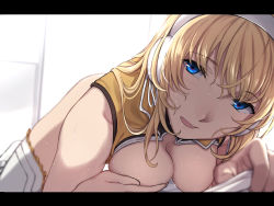 Rule 34 | 1girl, all fours, ass, blonde hair, blue eyes, bottomless, breast press, breasts, day, earmuffs, evelysse (star ocean), foreshortening, hair between eyes, hanging breasts, large breasts, letterboxed, long hair, looking at viewer, nagioka, no bra, open mouth, out-of-frame censoring, sagging breasts, solo focus, star ocean, star ocean anamnesis, sweat