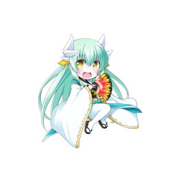 Rule 34 | 1girl, :d, aqua hair, black footwear, blue kimono, blush, chibi, dragon horns, fate/grand order, fate (series), folding fan, hair between eyes, hand fan, hand on own face, hand up, headgear, highres, holding, holding fan, horns, japanese clothes, kimono, kiyohime (fate), kuena, long hair, long sleeves, obi, open mouth, pelvic curtain, sandals, sash, sidelocks, simple background, sleeves past wrists, smile, solo, thighhighs, very long hair, white background, white thighhighs, wide sleeves, yellow eyes, zouri