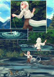 Rule 34 | 1girl, belt, clothing cutout, comic, day, dragon girl, dragon tail, female focus, fingernails, fish, fishing, fishing rod, kmbk, mountain, nature, original, outdoors, pants, partially submerged, pointy ears, sharp fingernails, short hair, silent comic, solo, tail, tail through clothes, tree, wading, water, white hair