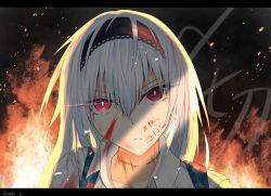 Rule 34 | 1girl, absurdres, blood, blood on clothes, blood on face, blue hair, closed mouth, farena, girls&#039; frontline, hairband, highres, huge filesize, letterboxed, long hair, looking at viewer, red eyes, scar, scar on neck, serious, shirt, solo, thunder (girls&#039; frontline), white shirt
