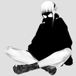 Rule 34 | androgynous, ankle boots, arm support, bare legs, boots, cross-laced footwear, full body, gas mask, gender request, grey background, greyscale, highres, lace-up boots, long sleeves, mask, monochrome, original, short hair with long locks, simple background, sitting, solo, sousou (sousouworks)