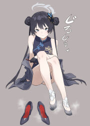 Rule 34 | 1girl, ass, bare shoulders, black footwear, black hair, blazer, blue archive, blue eyes, blush, china dress, chinese clothes, double bun, dragon print, dress, expressionless, grey background, hair bun, high heels, highres, holding, holding pen, jacket, kisaki (blue archive), long hair, looking at viewer, mole, mole under eye, off shoulder, panties, pen, q haoyu, shoes, unworn shoes, simple background, sitting, socks, solo, sweat, twintails, underwear, white panties