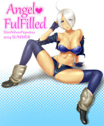 Rule 34 | 1girl, abs, ahoge, angel (kof), blue eyes, blush, boots, bra, breasts, cowboy boots, cropped jacket, hand fan, fingerless gloves, gloves, hair over one eye, highres, large breasts, lips, md5 mismatch, midriff, navel, open fly, paper fan, short hair, short shorts, shorts, sitting, smile, solo, spread legs, st.germain-sal, strapless, strapless bra, the king of fighters, thighhighs, uchiwa, underwear, unzipped, white hair