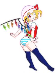 Rule 34 | 1girl, 501 (gouwan), ass, blonde hair, blue thighhighs, blush, blush stickers, dress, fingernails, flandre scarlet, from behind, hat, hat ribbon, highres, looking at viewer, looking back, mob cap, nail polish, one eye closed, panties, puffy short sleeves, puffy sleeves, red dress, red eyes, red nails, ribbon, sharp fingernails, shirt, short hair, short sleeves, side ponytail, simple background, smile, solo, striped clothes, striped panties, thighhighs, touhou, underwear, vest, wings