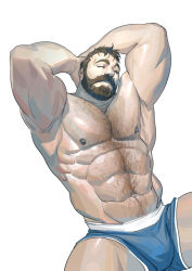 Rule 34 | 1boy, abs, armpits, arms behind head, bara, beard, blue male underwear, boxers, bulge, chest hair, facial hair, feet out of frame, hairy, highres, large pectorals, male focus, male underwear, mature male, muscular, muscular male, mustache, navel, navel hair, nesskain, nipples, original, pectorals, short hair, solo, spread legs, stomach, thick thighs, thighs, underwear, white background
