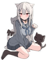 Rule 34 | 1girl, animal ears, black choker, black skirt, blue neckerchief, blush, bow, brown bow, brown socks, cat, cat ears, cat tail, choker, closed mouth, grey hair, grey jacket, hair ornament, hairclip, highres, jacket, kamu (geeenius), long hair, long sleeves, looking at viewer, miniskirt, neckerchief, original, paw pose, pleated skirt, red eyes, simple background, sitting, sketch, skirt, socks, solo, tail, tail bow, tail ornament, very long hair, wariza, white background, x hair ornament, yami-chan (kamu (geeenius))