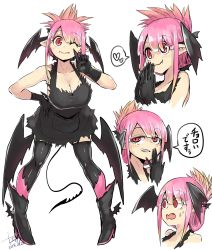 Rule 34 | 1girl, apron, bad id, bad twitter id, black apron, black gloves, blush, breasts, cleavage, commentary request, copyright request, demon girl, demon tail, demon wings, fangs, fangs out, folded ponytail, gloves, grin, hand on own hip, hands up, head wings, heart, highres, index finger raised, large breasts, leaning forward, low wings, multiple views, naked apron, one eye closed, open mouth, pink hair, red eyes, slit pupils, smile, spoken heart, sweatdrop, tail, wide-eyed, wings, zyugoya