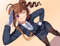 Rule 34 | 1girl, ahoge, black pantyhose, blue necktie, brown hair, buttons, collared shirt, commentary request, drill hair, feet out of frame, gloves, grin, hand on own hip, idolmaster, idolmaster million live!, idolmaster million live! theater days, kamille (vcx68), looking at viewer, medium hair, miniskirt, necktie, one eye closed, orange background, pantyhose, police, police uniform, policewoman, purple eyes, salute, shirt, skirt, smile, solo, standing, uniform, white gloves, white shirt, yokoyama nao