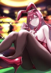 Rule 34 | 1girl, :o, animal ears, bare shoulders, breasts, cleavage, detached collar, baobhan sith (fate), fake animal ears, fate/grand order, fate (series), grey eyes, high heels, highleg, highleg leotard, highres, ichi kq, large breasts, leotard, long hair, looking at viewer, no bra, open mouth, pantyhose, pink hair, playboy bunny, pointy ears, rabbit ears, red leotard, sidelocks, sitting, solo, thighs