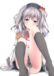 Rule 34 | 10s, 1girl, absurdres, blue eyes, blush, epaulettes, feet, gloves, hat, highres, kantai collection, kashima (kancolle), looking at viewer, no shoes, panties, pokonyan (kuhina0110), short hair, silver hair, simple background, sitting, skirt, socks, solo, twintails, underwear, white background, white gloves, white panties