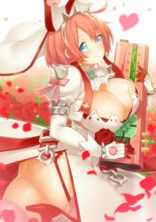 Rule 34 | 1girl, ass, bad id, bad pixiv id, blue eyes, blush, breasts, cleavage, cleavage cutout, clothing cutout, clover, dress, earrings, elphelt valentine, fingernails over gloves, flower, four-leaf clover, garter straps, gloves, guilty gear, guilty gear xrd, gun, heart, huge breasts, inayama, jewelry, large breasts, looking at viewer, no panties, petals, pink hair, revision, rose, short hair, smile, solo, veil, weapon