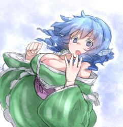 Rule 34 | 1girl, bare shoulders, blue eyes, blue hair, blush, breasts, cleavage, drill hair, fins, head fins, japanese clothes, kimono, large breasts, looking at viewer, matching hair/eyes, mermaid, monster girl, obi, off shoulder, open mouth, ototobe, sash, sketch, solo, touhou, upper body, wakasagihime