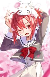 Rule 34 | 1girl, ;d, animal, animal on head, arms up, blush, bow, bowtie, dress, falling petals, fuji sakura, hair between eyes, hair ornament, highres, long sleeves, looking at viewer, lower teeth only, on head, one eye closed, open mouth, petals, pink background, ponytail, red bow, red bowtie, red eyes, red hair, ribbon, sailor collar, sailor dress, school uniform, smile, solo, teeth, two-tone background, white background, white dress, white sailor collar, yuuki yuuna, yuuki yuuna wa yuusha de aru, yuusha de aru