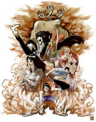 Rule 34 | 2girls, 6+boys, afro, antlers, bandages, bandana, black hair, black pants, blonde hair, blue hair, brook (one piece), cape, cyborg, dual wielding, fighting stance, formal, franky (one piece), goggles, hat, holding, horns, kicking, mask, monkey d. luffy, mouth hold, multiple boys, multiple girls, nami (one piece), nesskain, nico robin, one piece, open clothes, open shirt, orange hair, overalls, pants, red vest, reindeer, roronoa zoro, sandals, sanji (one piece), scar, shirt, shorts, skeleton, slingshot (weapon), steam, straw hat, suit, sword, tattoo, tony tony chopper, usopp, vest, weapon