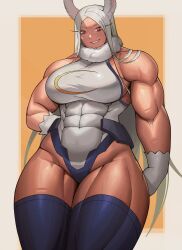 Rule 34 | 1girl, absurdres, boku no hero academia, boonie baby, breasts, female focus, gloves, highres, large breasts, leotard, long hair, mirko, muscular, muscular female, rabbit ears, red eyes, solo, thick thighs, thighhighs, thighs, very long hair, white hair