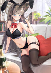 Rule 34 | 1girl, animal ears, armpits, bare arms, bare shoulders, bikini, black bikini, black hairband, blue eyes, bow, bowtie, breasts, brown hair, brown thighhighs, champagne bottle, cleavage, closed mouth, couch, detached collar, embarrassed, fake animal ears, feet out of frame, frown, glint, gloves, hairband, hamanashi (trapiorra), hand up, large breasts, legs, long hair, looking at viewer, midriff, navel, on couch, original, rabbit ears, second-party source, sitting, skindentation, smile, solo, stomach, strapless, strapless bikini, swimsuit, thigh strap, thighhighs, thighs, very long hair, white gloves, yokozuwari