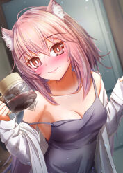 Rule 34 | 1girl, alternate costume, animal ear fluff, animal ears, arknights, barcode, barcode tattoo, blush, breasts, brown eyes, cleavage, coat, coffee, cup, eyebrows visible through hat, gravel (arknights), grey shirt, holding, holding cup, looking at viewer, medium breasts, off shoulder, pink hair, shirt, short hair, shoulder tattoo, smile, solo, tattoo, upper body, white coat, yakkyokuya
