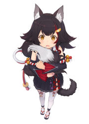 Rule 34 | 1girl, aged down, animal ear fluff, animal ears, bell, black footwear, black hair, black shirt, black skirt, blush, commentary, detached sleeves, fang, floral print, from above, full body, hair flaps, hair ornament, highres, holding, holding hair, hololive, kouhaku nawa, long hair, looking at viewer, miniskirt, multicolored hair, ookami mio, ookami mio (1st costume), open mouth, orange eyes, piisu, pleated skirt, red hair, rope, sailor collar, sandals, shimenawa, shirt, simple background, skin fang, skirt, solo, streaked hair, tail, thighhighs, virtual youtuber, white background, white hair, white thighhighs, wolf ears, wolf girl, wolf tail