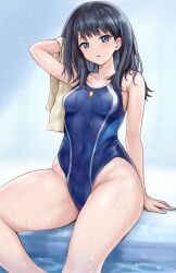 Rule 34 | 1girl, arm up, black hair, blue eyes, blue one-piece swimsuit, breasts, commentary request, competition swimsuit, gridman universe, highres, holding, holding towel, looking at viewer, one-piece swimsuit, parted lips, r-binon, sitting, small breasts, solo, ssss.gridman, swimsuit, takarada rikka, thighs, towel, wet, wet hair