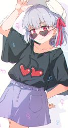Rule 34 | 1girl, arm up, baseball cap, black shirt, casual, character name, cherry print, collarbone, commentary request, copyright name, drop shadow, earrings, eyewear pull, fate/grand order, fate (series), food print, gomennasai, hair between eyes, hair ribbon, hand on own hip, hat, heart, heart-shaped eyewear, heart earrings, highres, jewelry, kama (fate), lifting own clothes, looking at viewer, looking over eyewear, looking over glasses, mars symbol, purple skirt, red-framed eyewear, red eyes, red ribbon, ribbon, shirt, short sleeves, silver hair, skirt, solo, sunglasses, tinted eyewear, venus symbol, white background, white hat, wide sleeves