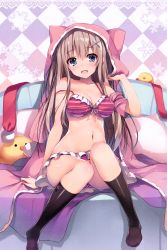 Rule 34 | 1girl, :d, absurdres, animal hood, arm support, bare arms, bare shoulders, bikini, black socks, blush, breasts, brown hair, cat hood, checkered background, cleavage, couch, foreshortening, frilled bikini, frills, front-tie bikini top, front-tie top, highres, hood, hood up, knees up, long hair, looking at viewer, medium breasts, navel, no shoes, on couch, open clothes, open mouth, original, pillow, scan, sitting, smile, snowflakes, socks, solo, stomach, strap slip, striped bikini, striped clothes, stuffed animal, stuffed toy, swimsuit, tareme, tomose shunsaku, underwear, underwear only, very long hair