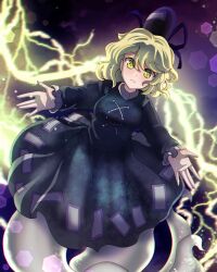 Rule 34 | 1girl, absurdres, black hat, closed mouth, cross-laced clothes, dress, dungeon toaster, ghost, ghost tail, green dress, green hair, hat, highres, lightning, looking at viewer, short hair, soga no tojiko, solo, tate eboshi, touhou